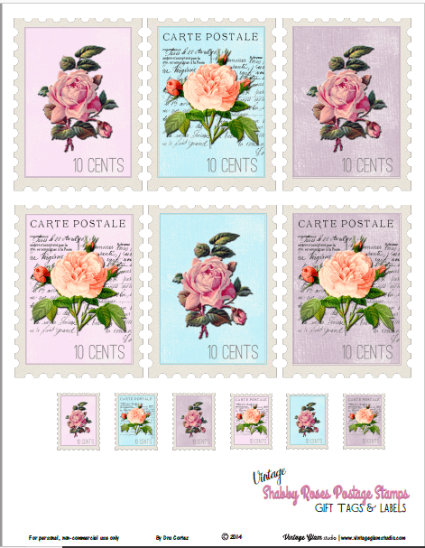 Vintage Shabby Roses Postage Stamps - Free Printable 